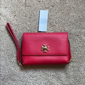 Tory Burch Mercer Vibrant coral/red Wristlet with Gold Accents